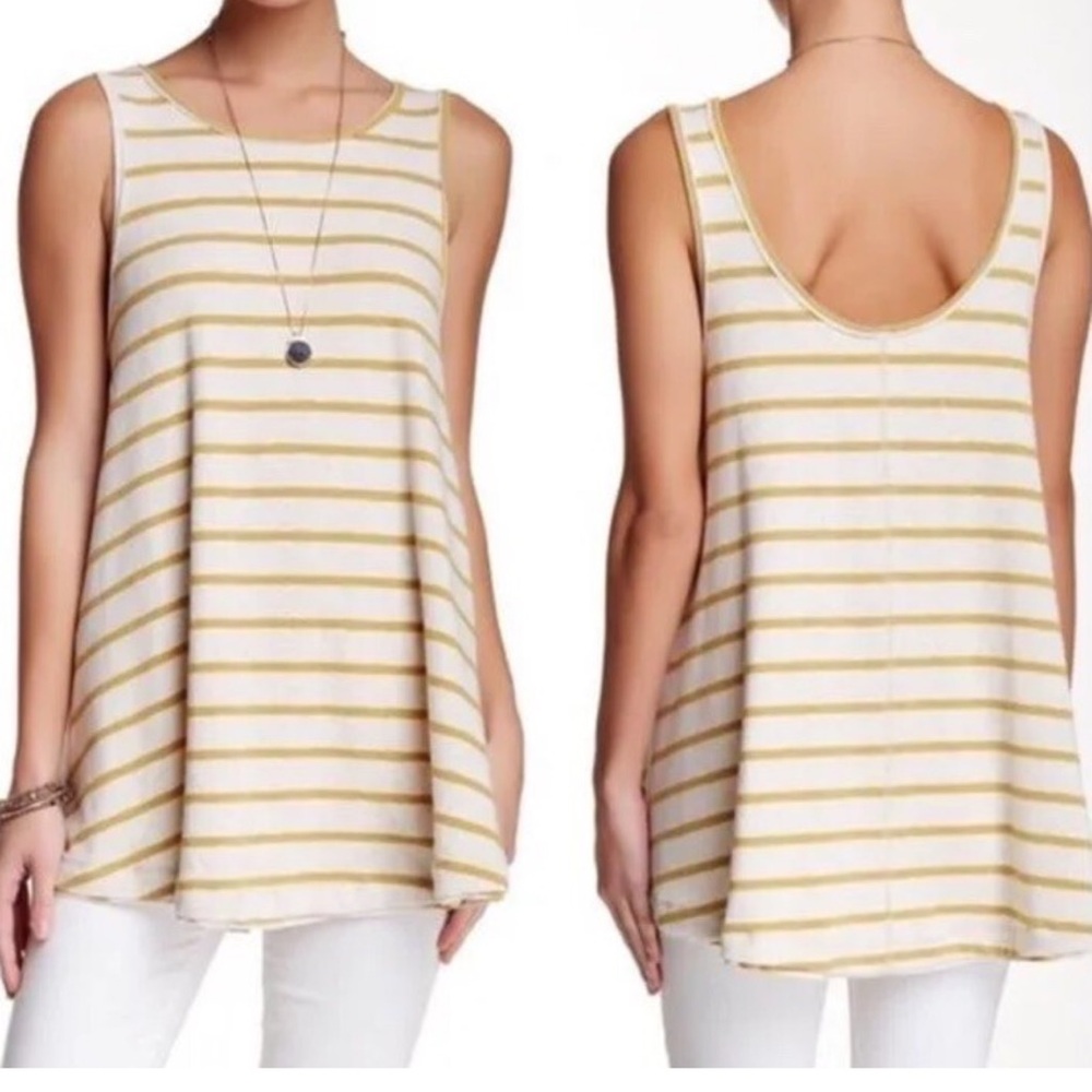 FP We the Free Striped Tan & Yellow Scoop Back Long Flowy Tank Top Size M